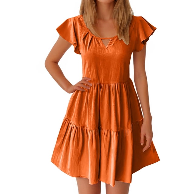 cfhntfmh Robes d'Été pour Femmes Mode Pétale Manches Courtes Col Rond Robe Ample Décontractée Plissée Robe Mini Unie