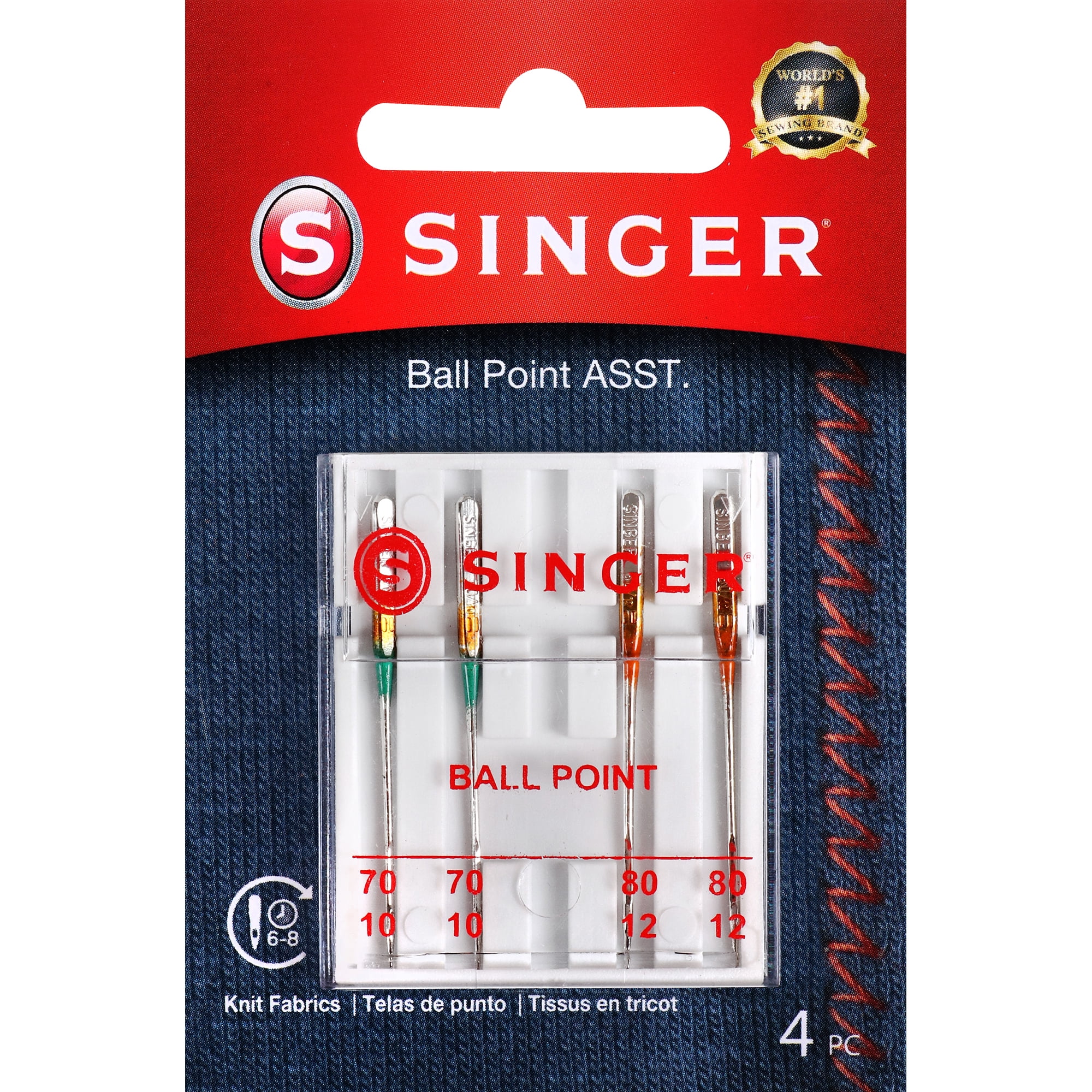 SINGER Regular Ball Point Sewing Machine Needles, Size 70/10 and 80/12 - 4 Count