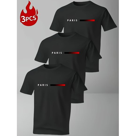 Ensemble de Trois T-Shirts Décontractés à Manches Courtes pour Hommes avec Imprimés Géométriques Inspirés de Paris