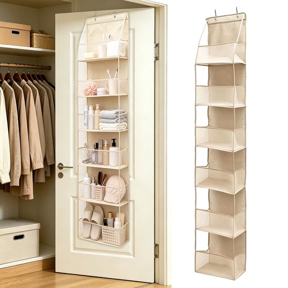 6-Tier Over the Door Hanging Organizer with Visual Mesh Windows, Beige Fabric Closet Storage Bag with Hooks for Dorm, 11.8x5.9x63 in
