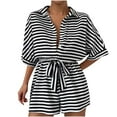 thumbnail image 5 of Sakmal Collared Womens Summer Rompers Short Sleeve Dressy Shirt Black Short Jumpsuits Striped Rompers with Belt, 5 of 5