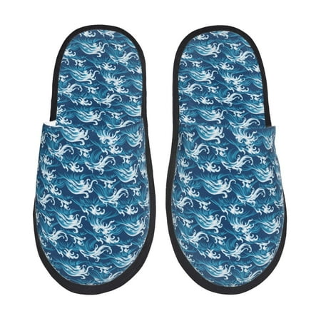 Balery Sea Water Wave Slient Indoor Furry Fleece Comfort House Shoes Soft Non-Slip Home Shoes Cotton slippers House Slippers-- Medium