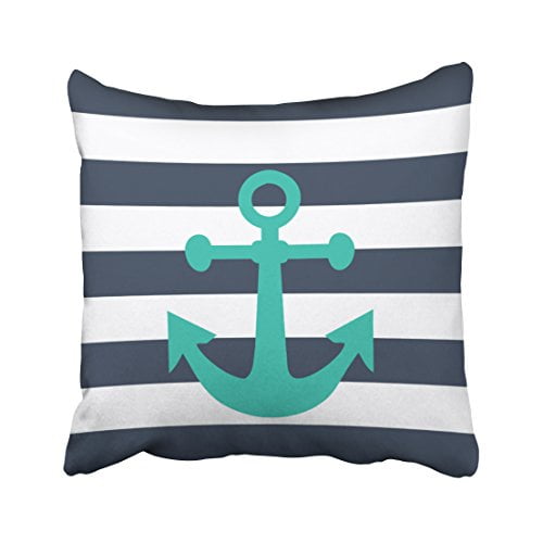 WinHome Square Throw Pillow Covers Nautical Navy Blue Stripes Turquoise