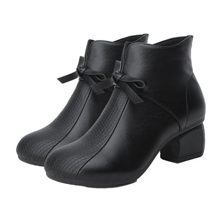 

Lovskoo 2024 Ankle Boots for Women Round Toe Chunky Heel Soft Leather Mid Heel Bowknot Trendy Leather Side Zipper Short Booties Black