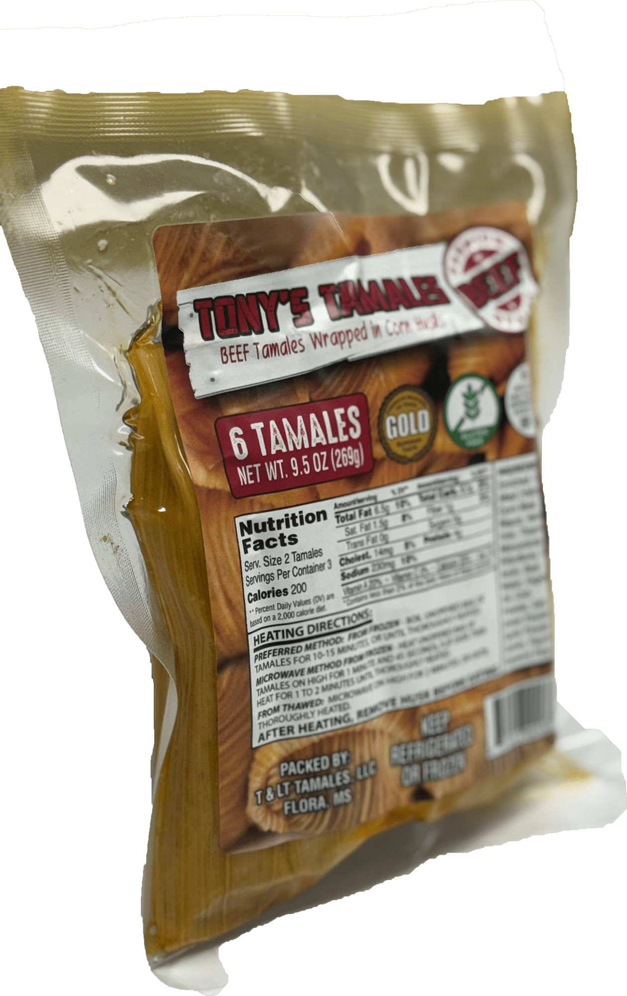 Tony's Tamales Beef Tamales Wrapped in Corn Husk, Gluten Free, Ready to Eat Heat and Serve, Vacuum Sealed Bags, 9.5 oz (Frozen)