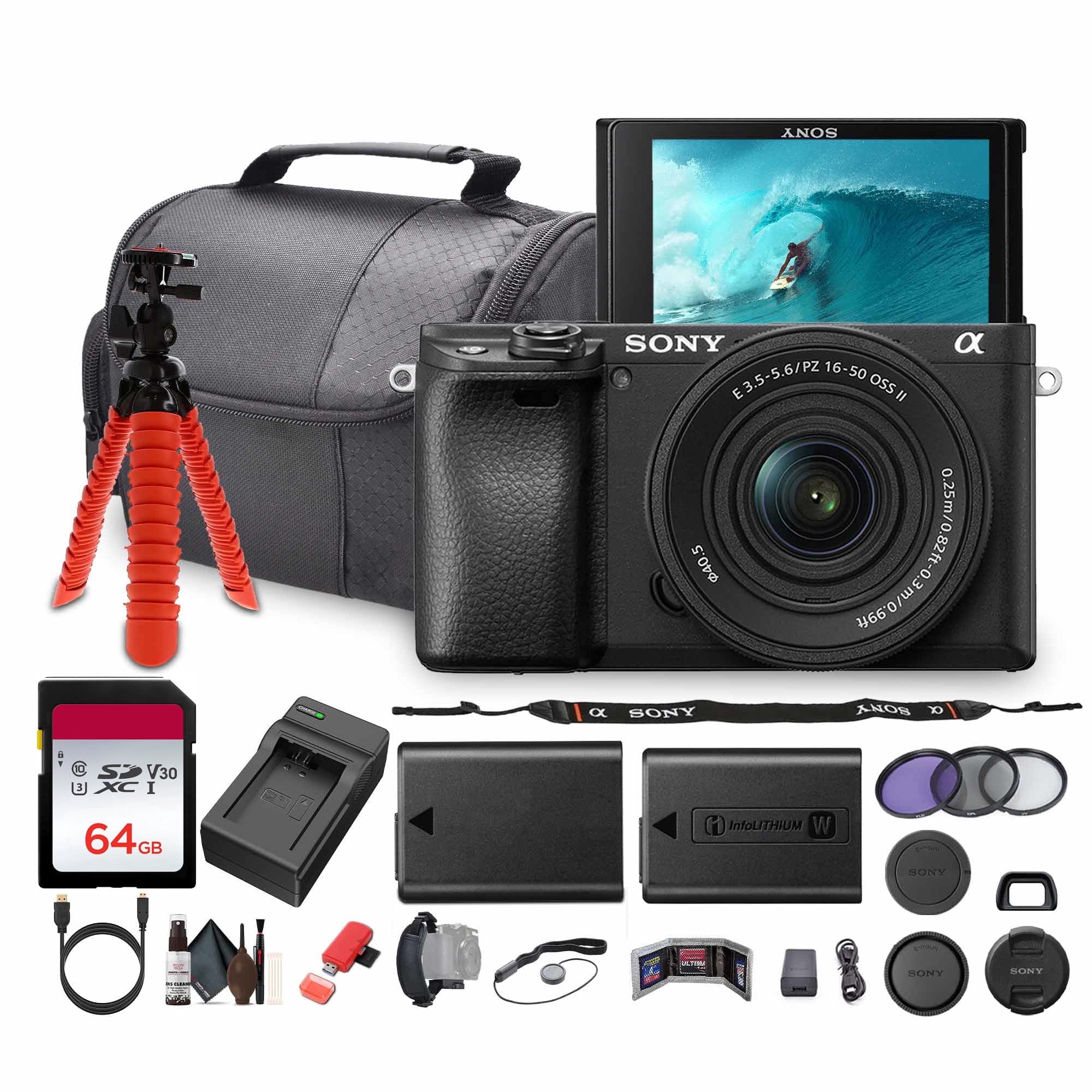 Sony Alpha a6100 Mirrorless Camera with 16-50mm II Lens (ILCE6100KB), 64GB Card, Battery, Camera Bag, Charger and Flex Tripod