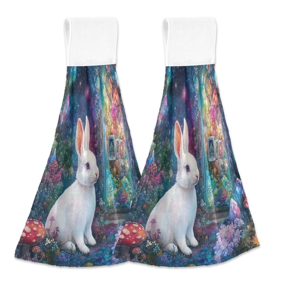 BZSMCE Hanging Hand Towels Fashion Enchanted Garden Rabbit Pattern 2-Pack - Velcro Style Bathroom Kitchen Towels