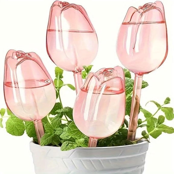4 Pack Self-Watering Plant Spikes, Automatic Watering System for Potted Plants, Vacation Plant Care,9.5" Tall,Tulip Design,Indoor & Outdoor Potted Plants,Pink.