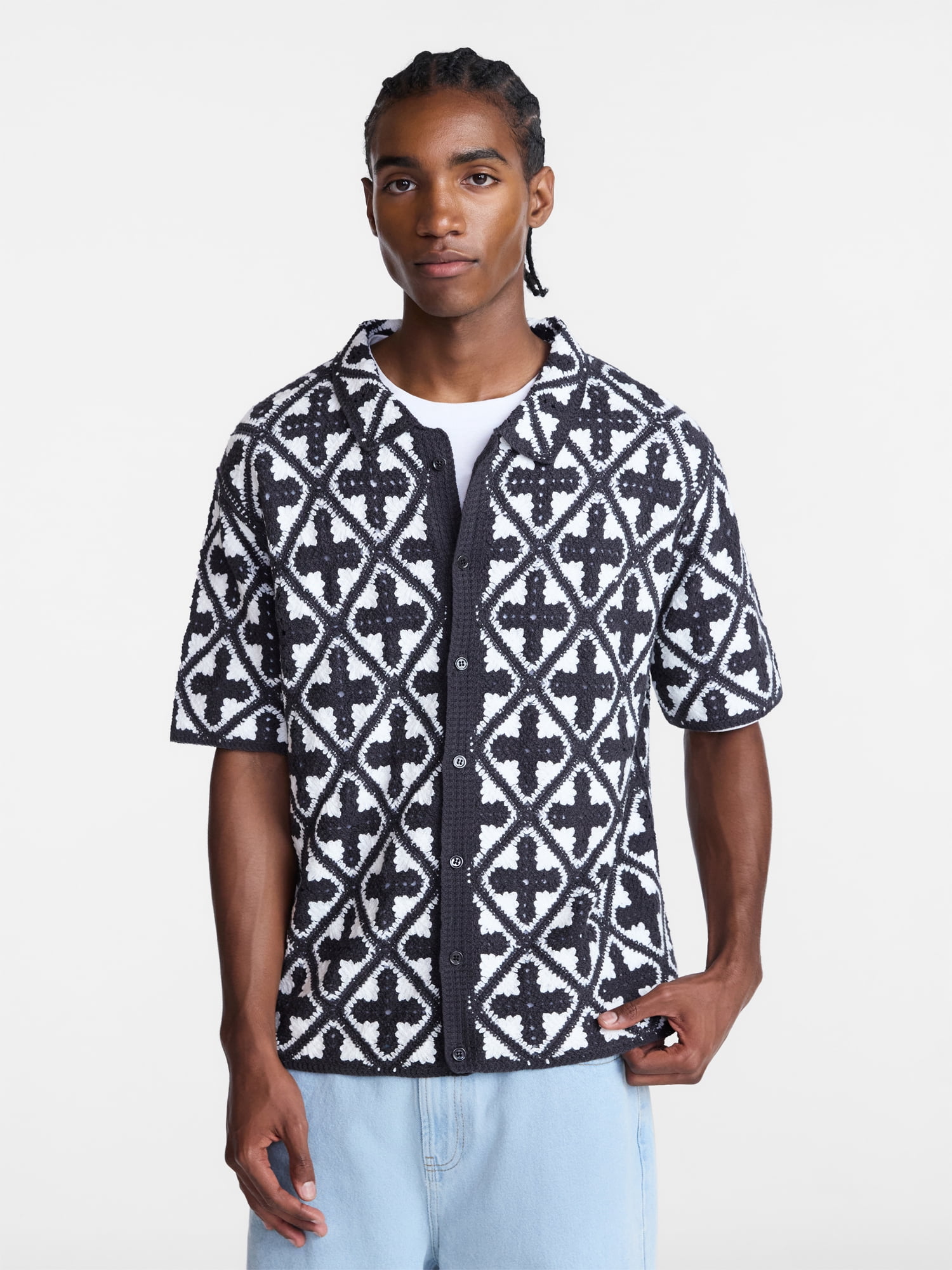 No Boundaries Men's Faux Crochet Deco Pattern Button Through Sweater Polo, Sizes XS-3XL