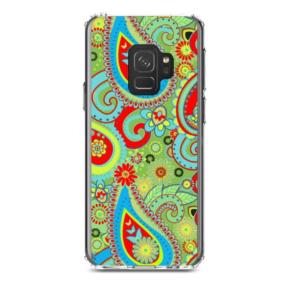 DistinctInk Clear Shockproof Hybrid Case for Samsung Galaxy S9 (5.8" Screen) - TPU Bumper, Acrylic Back, Tempered Glass Screen Protector - Green Red Blue Paisley