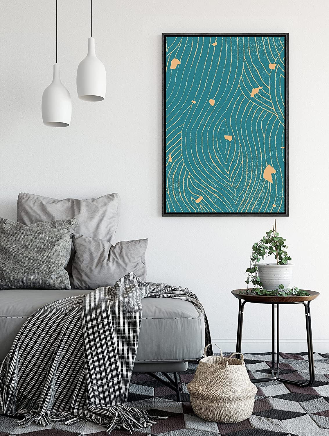 PixonSign Framed Canvas Print Wall Art Blue Swirling Print with Gold Flakes Geometric Shapes Illustrations Modern Art Minimalist Dramatic Multicolor for Living Room, Bedroom, Office - 24"x36" Black