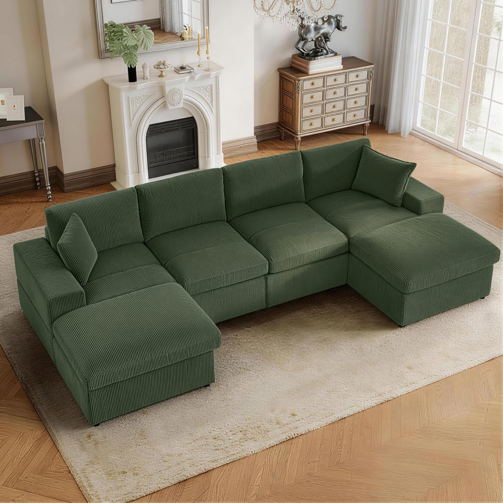 AENKYO U-Shaped Modular Sectional Sofa, Deep Seat Convertible Couch with Chaise for Living Room,Green