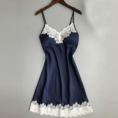 CFLVAEK Lingerie Nightgown for Women Plus Size Spaghetti Strap Satin Chemise Nightgowns Elegant Lace V Neck Sleepwear Lace Hem Nightdress L