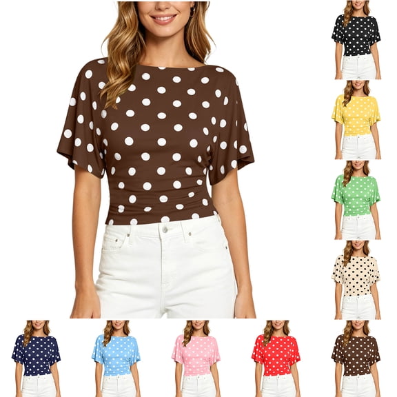 Zpzdpjkx Women's Polka Dots Boat Neck Short Sleeve Top, Back Tie Waist Ruched Slim Fit Casual Blouse