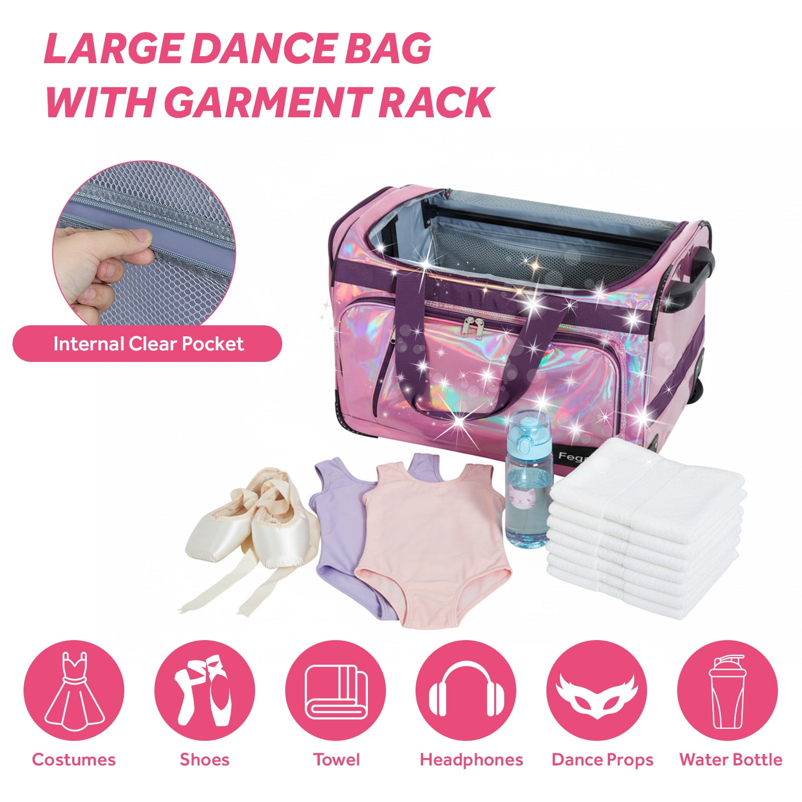 Fegat Dance Bag with Garment Rack, 23" Glittering Rolling Dance Competition Bag Prism-Glowing Waterproof Dance Duffel Bag Costume Suitcase for Dancers Performer Artist,Sparkle Purple