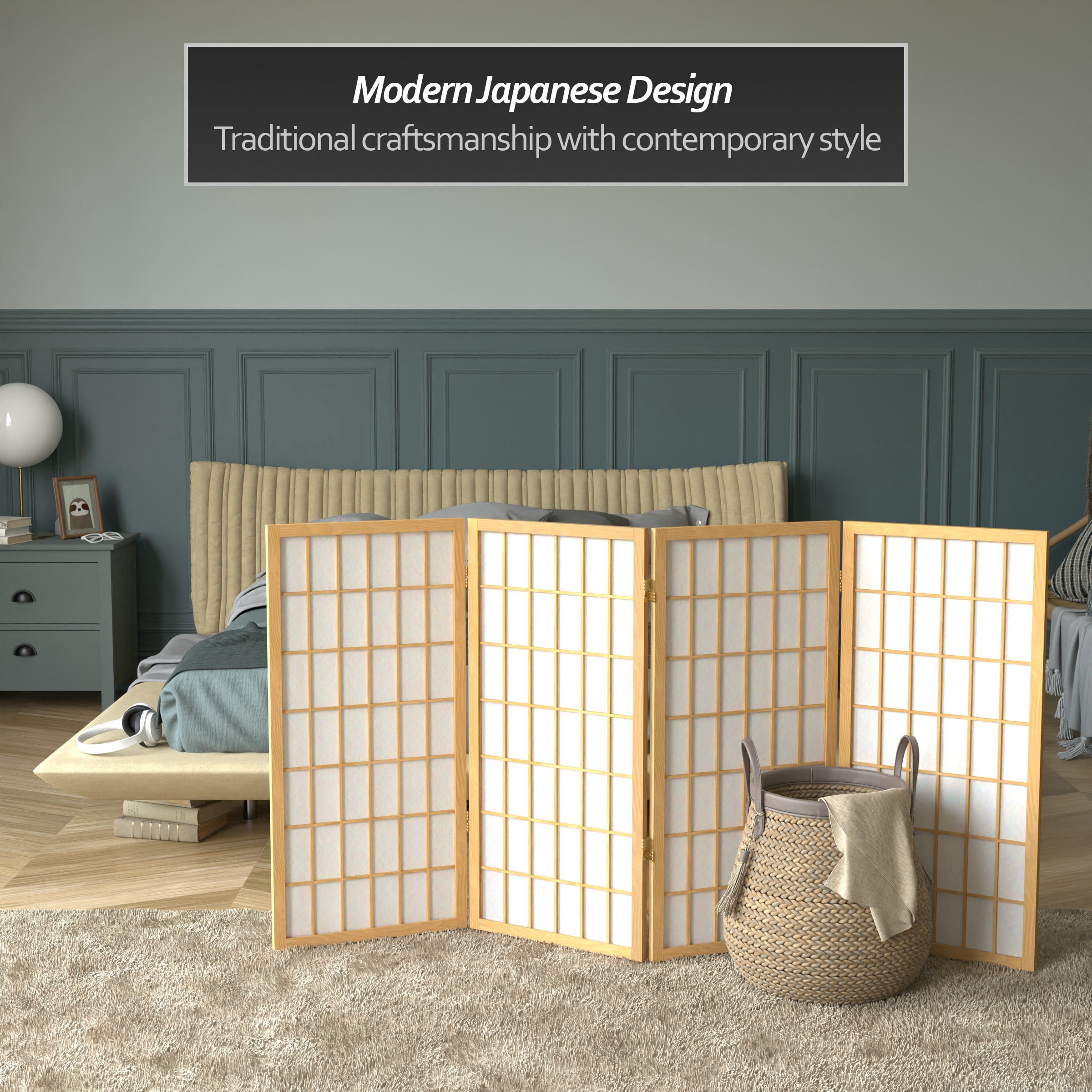 3 ft. Tall Classic Japanese Window Pane Lattice Privacy Screen - Natural - 4 Panels
