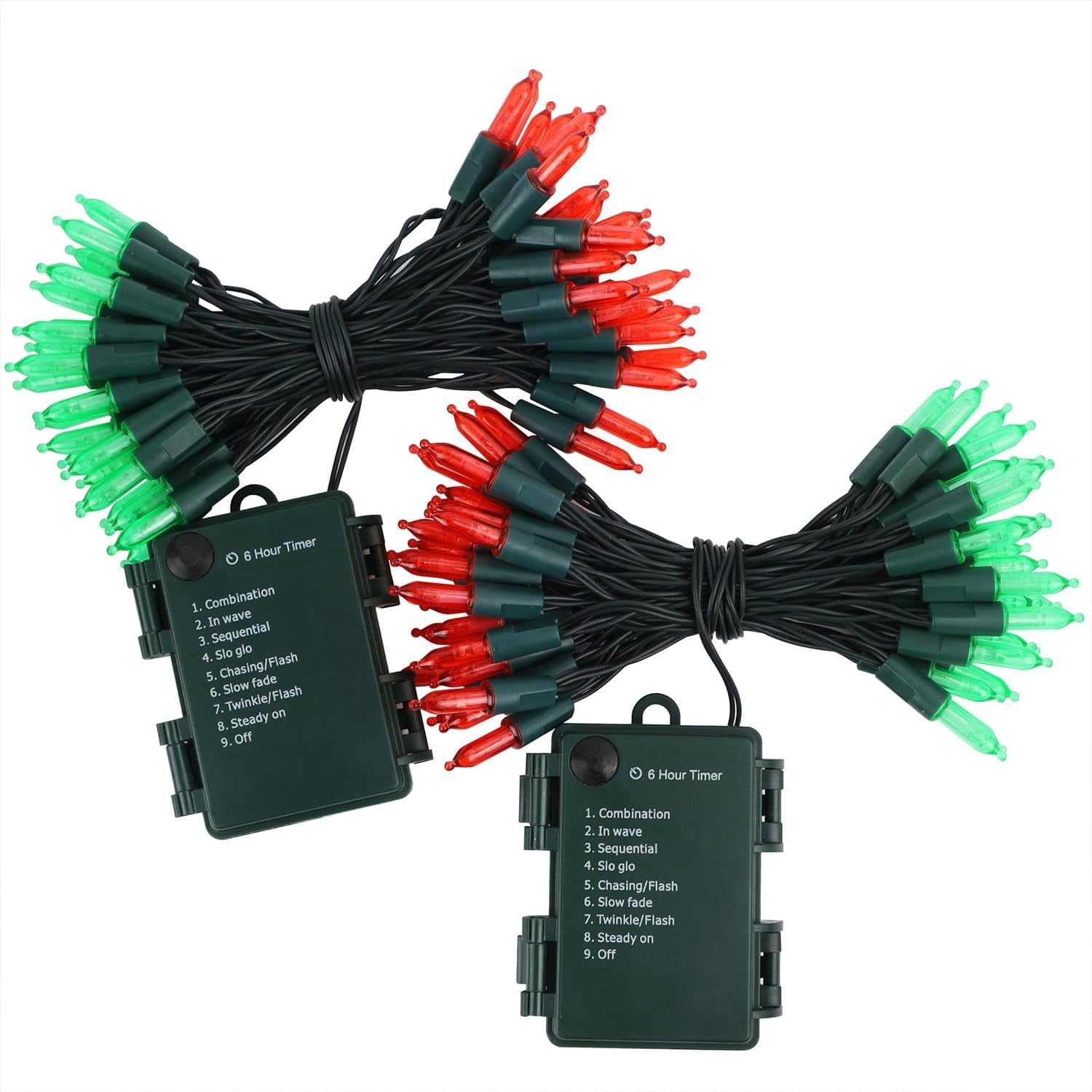 2 Pack 50 LED Outdoor Christmas Lights, 16FT Battery Operated Mini String Lights with 8 Modes & Timer, Xmas Tree Lights Waterproof for Patio Garden Party Wedding Holiday Decor, Red & Green