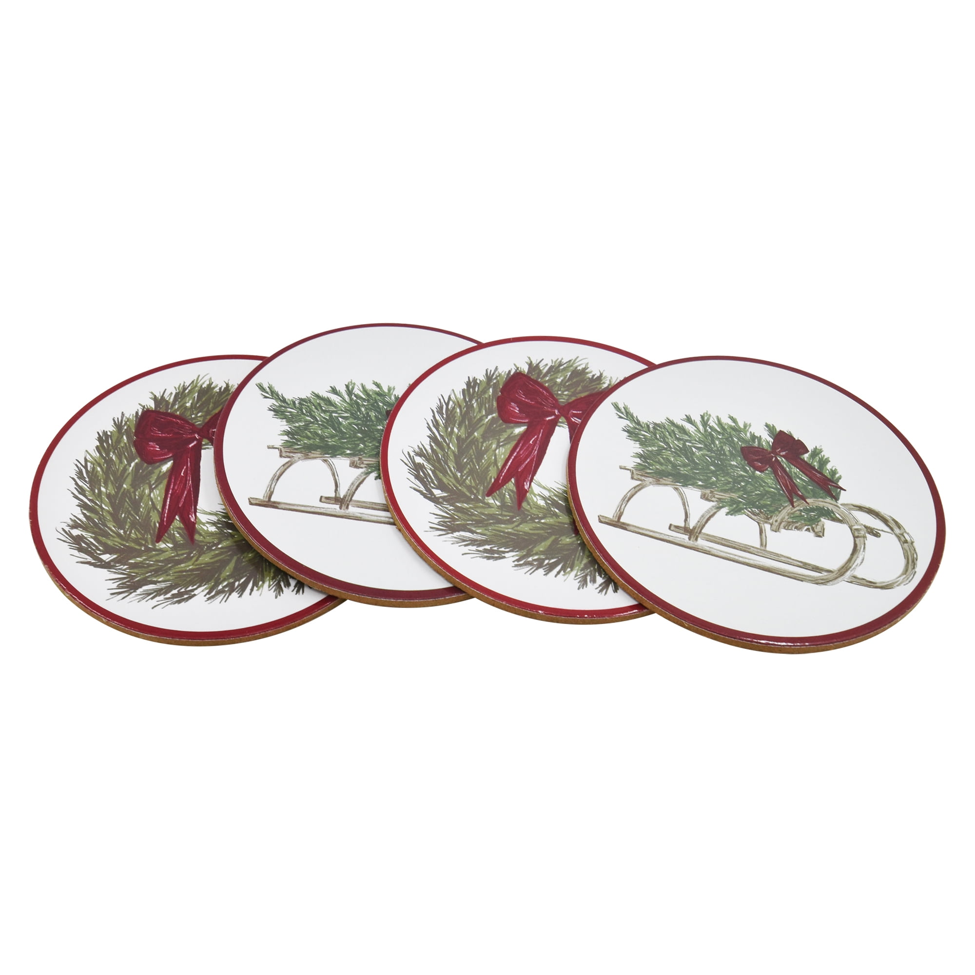Holiday Time Lot de 4 dessous de verre ronds en liège isolant thermique avec couronne de Noël et guirlande, protection de table