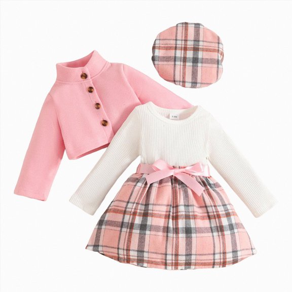 Splozh Baby Christmas Outfit Girl Fashion Toddler Girl 3 Pieces Outfits Ruffles Long Sleeve Plaid Skirt Jacket Hat Fall Winter Clothes Set,Pink,18-24 Months