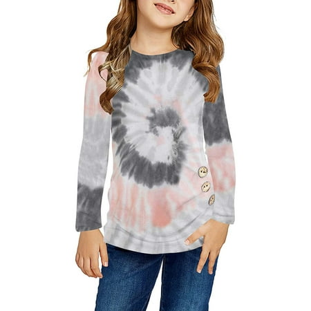 

Kids Girls Casual Tunic Tops Knot Front Button Tie Dyed Long Sleeve Casual Loose Blouse T Shirt Tee