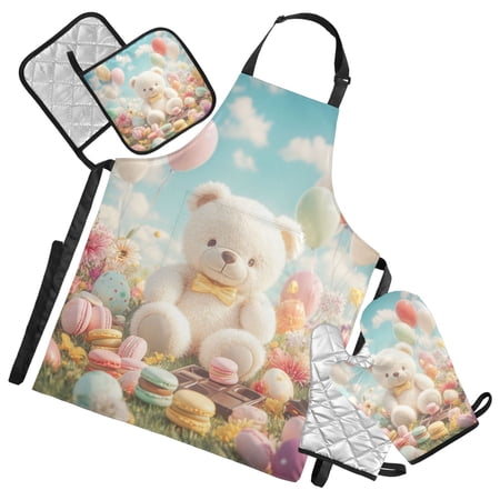 White Bear on Meadow Florals Desserts Balloons Apron Set with Oven Mitts Pot Holders Set of 5 Kitchen Stuff Accessories