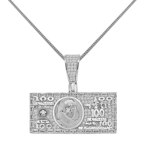 Baguette 17  Grams Real Silver Cash Money $ Bill Men's Pendant Charm Chain Set