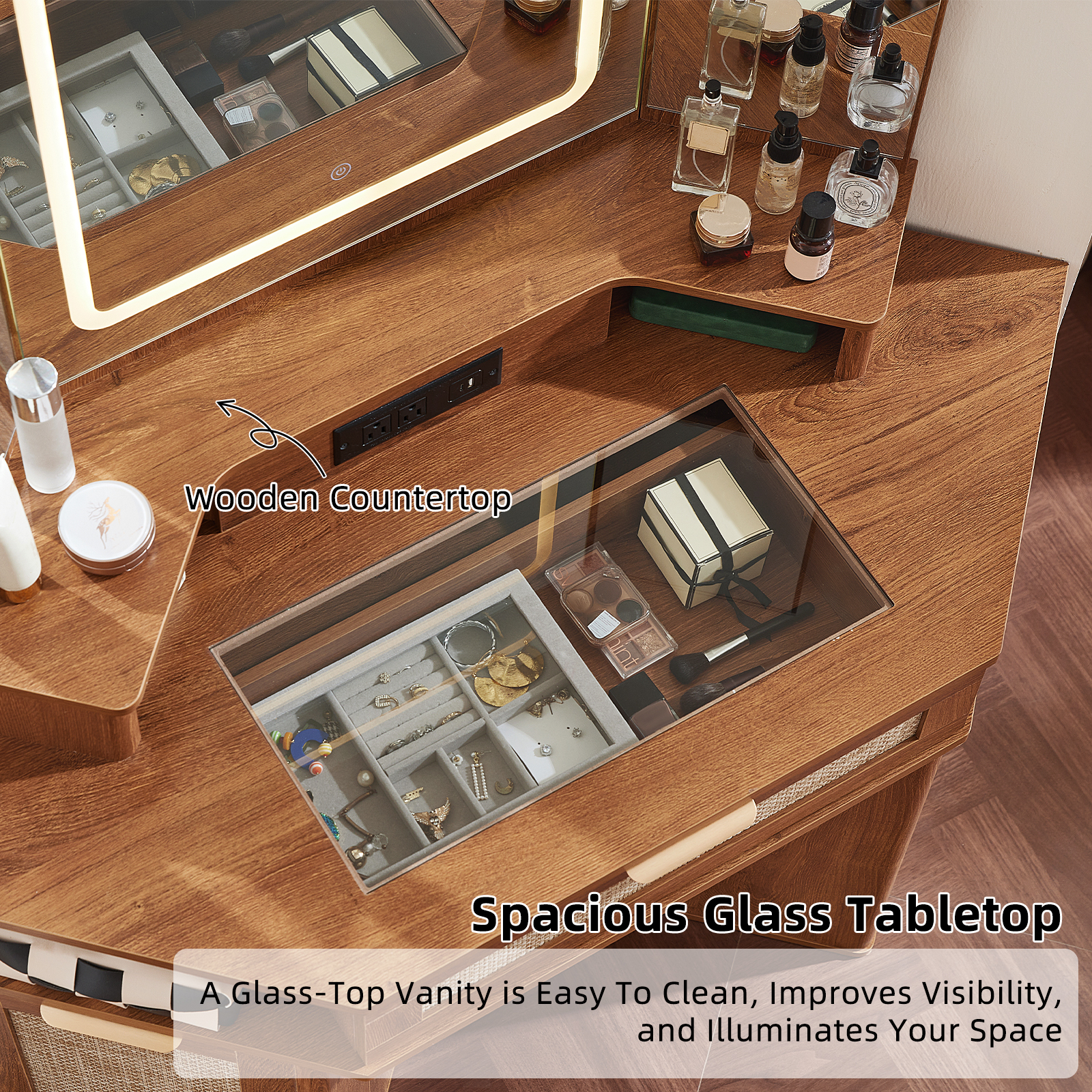 Modern Rattan Corner Vanity Desk, 46" Corner Makeup Vanity Desk with Smart Mirror and Lights, Oak Vanity Desk with Charging Station and 1 Drawer, Stool & Shelves for Bedroom, Tea Brown