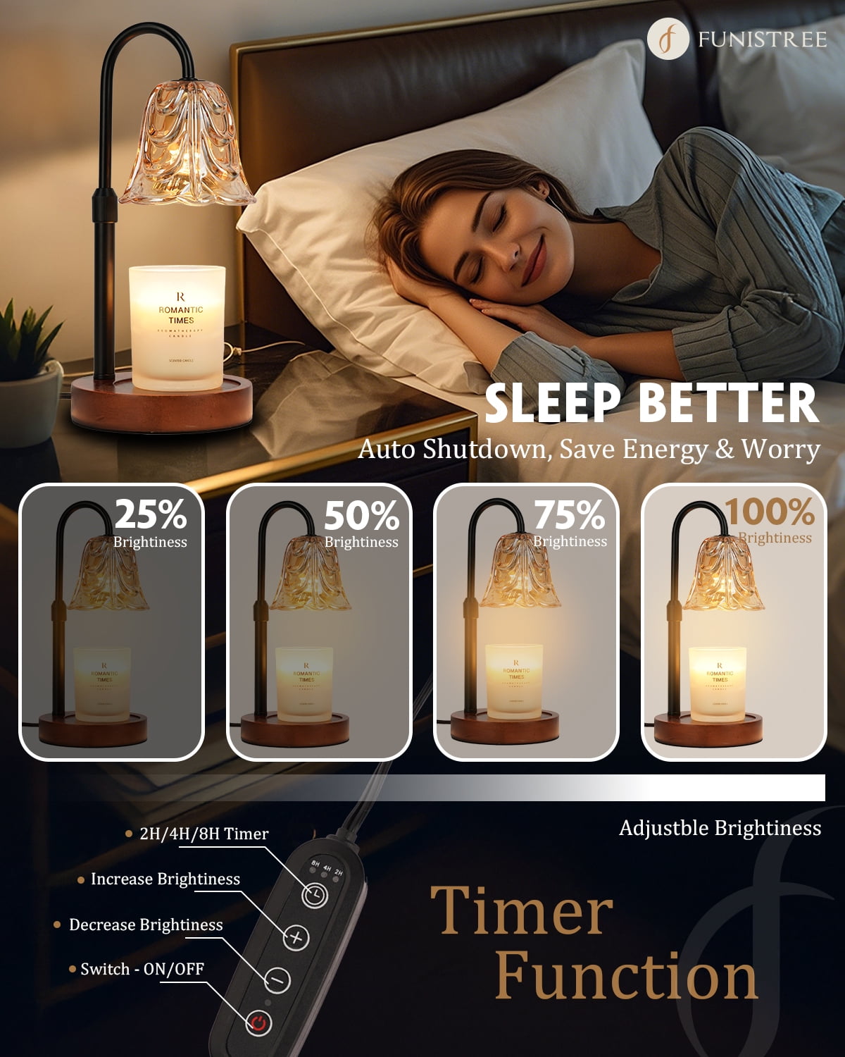 Funistree Candle Warmer Lamp with Timer, Adjustable Amber Wax Warmer for Jar Candles, Cute Wood Base Wax Melter for Women Daughter Girl, House Warming Birthday Gift