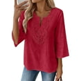 thumbnail image 4 of Boho Tops for Women Blouses Dressy Casual V Neck 3/4 Sleeve Shirts Spring Outfits Trendy Vacation Clothes Red 2XL, 4 of 5