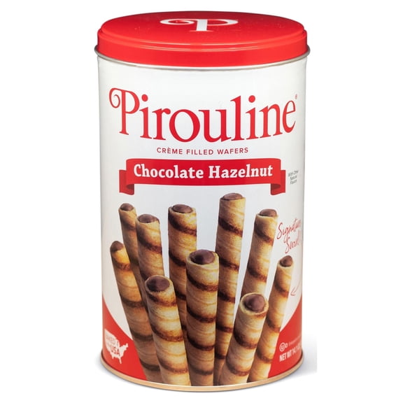 Pirouline Rolled Wafers - Chocolate Hazelnut - Rolled Wafer Sticks, Crème Filled Wafers, Rolled Cookies for Coffee, Tea, Ice Cream, Snacks, Parties, Gifts, and More - 14.1oz Tin 1pk C11