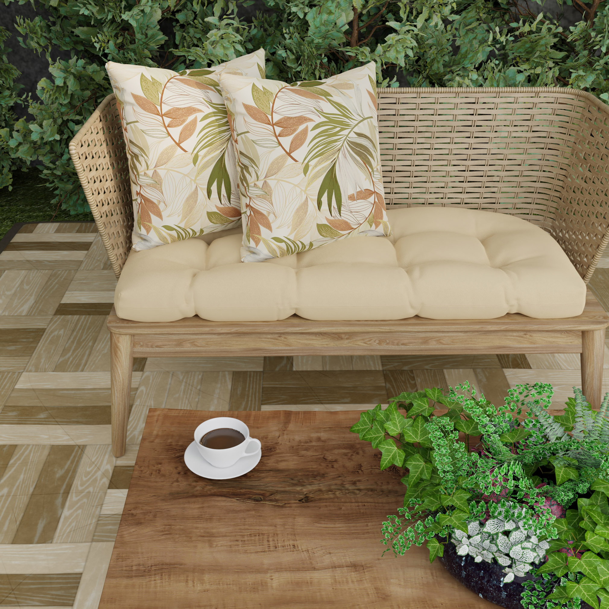 Jordan Manufacturing 16" x 16" Oasis Nutmeg Beige Leaves Square Outdoor Throw Pillow