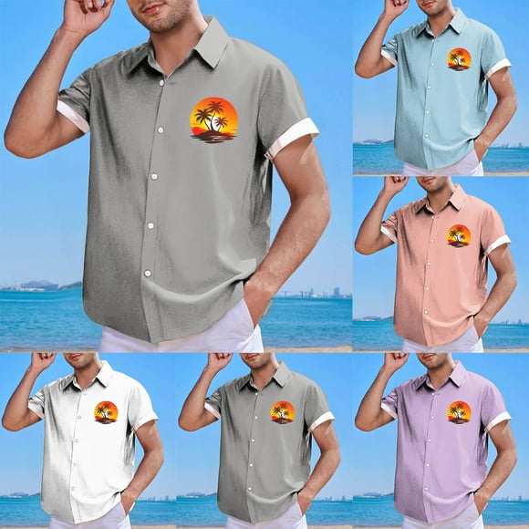 UVEASISHA Graphic Hawaiian Shirt for Men Short Sleeve Button Down Shirts Holiday Casual Sunset Print Beach Tops Big and Tall Stylish Tropical Vacation Shirt Funny Gift Pink S
