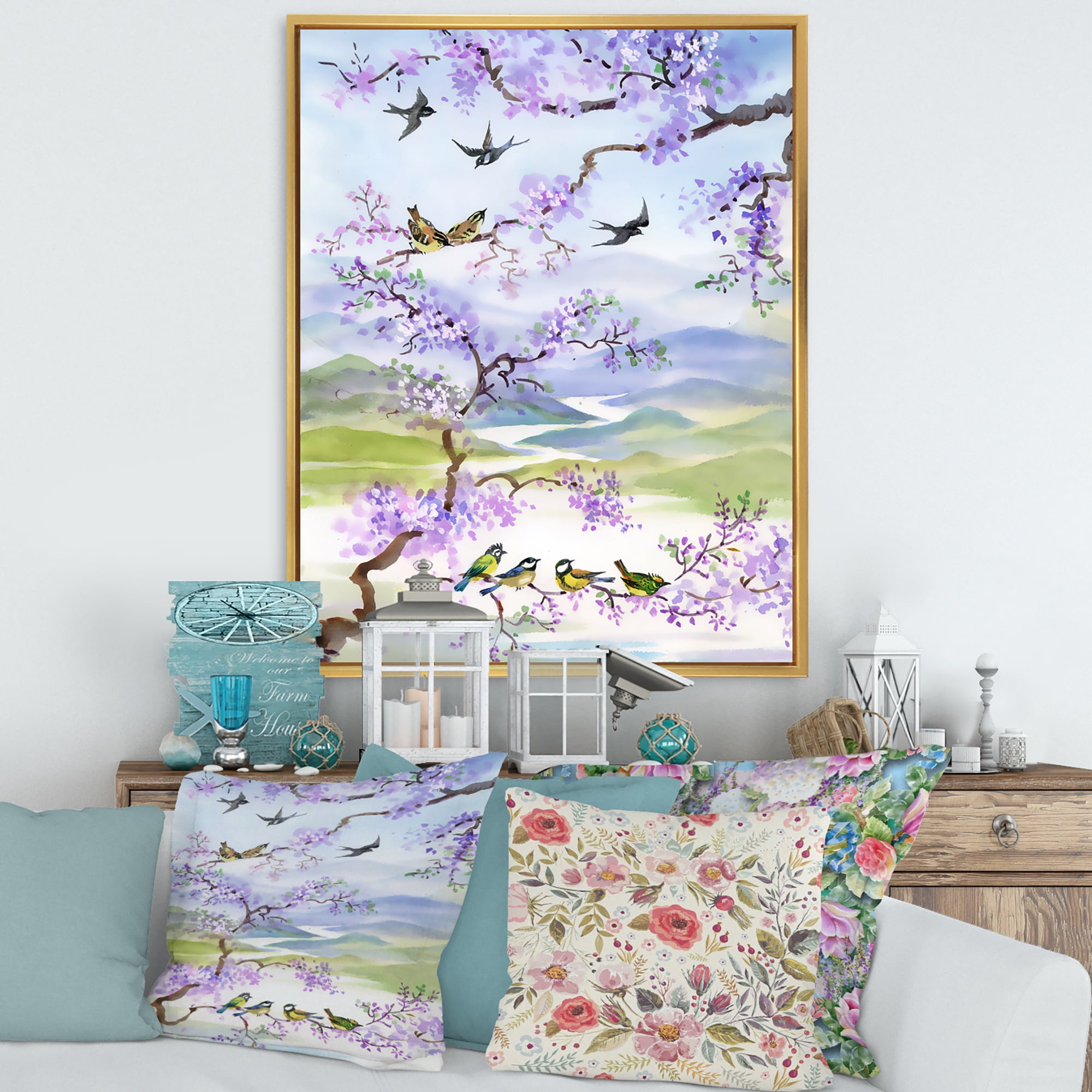 Designart 'Birds Sitting On Cherry Branch' Traditional Framed Canvas Wall Art Print