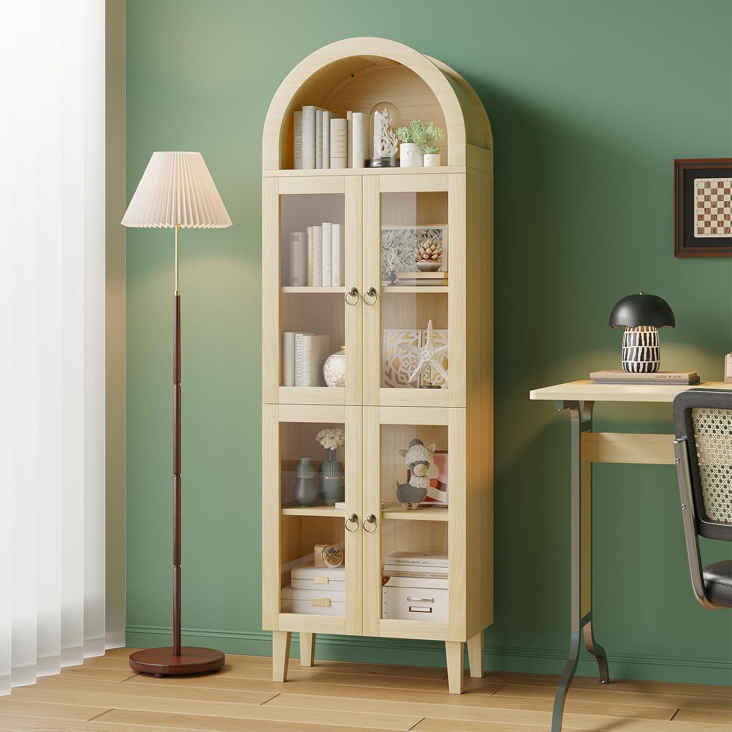 71" Tall Arched Cabinet with Acrylic Glass Door, Modern Curio Arched Bookcase, Display Cabinet Organizer, Kitchen Pantry with Top-Opening Storage Container for Living Dining Room, Natural