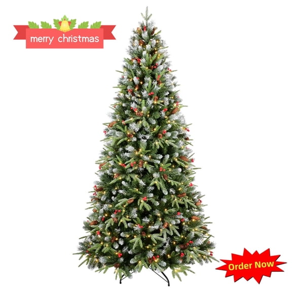 Tcbosik 7ft Pre-Lit Artificial Christmas Tree, Indoor Xmas Tree with Red Fruit, Pine Cone and 2178 Branch Tips for Home Office, Easy Assembly, Spray White