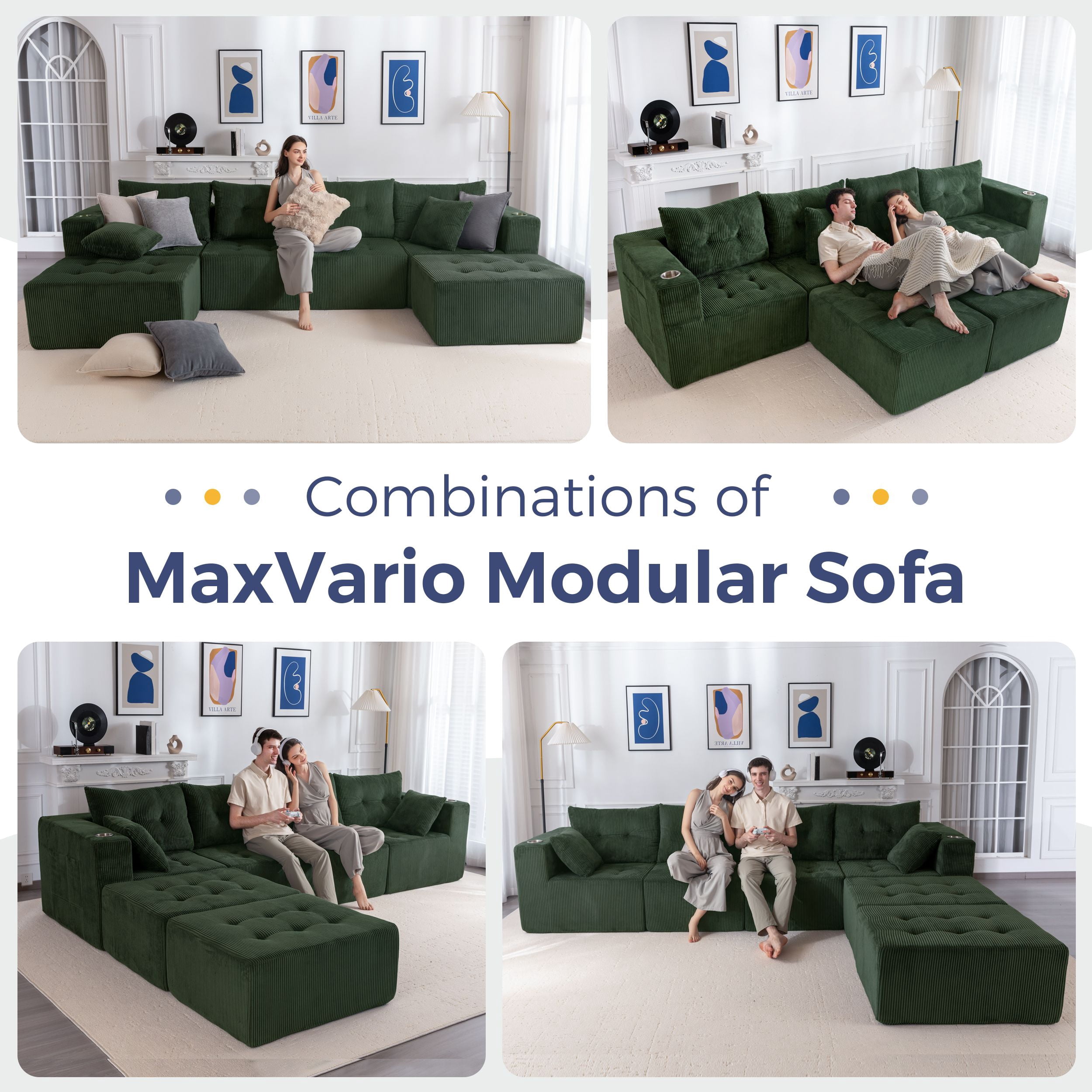 BYBYME Cloud Sectional Couch with U-Shape Chaise Modern Comfy Modular Corduroy Sofa for Living Room,Tufted 6-Seat Sleeper Chair with 2 Ottoman,Sofa in A Box,No Assembly Required,Green