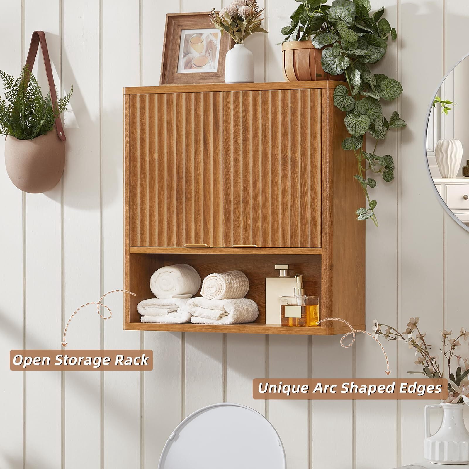 LELELINKY Rattan Wood Bathroom Wall Cabinet with Adjustable Shelf, Boho Medicine Cabinet for Over-Toilet Storage, Laundry Room, Tea Color