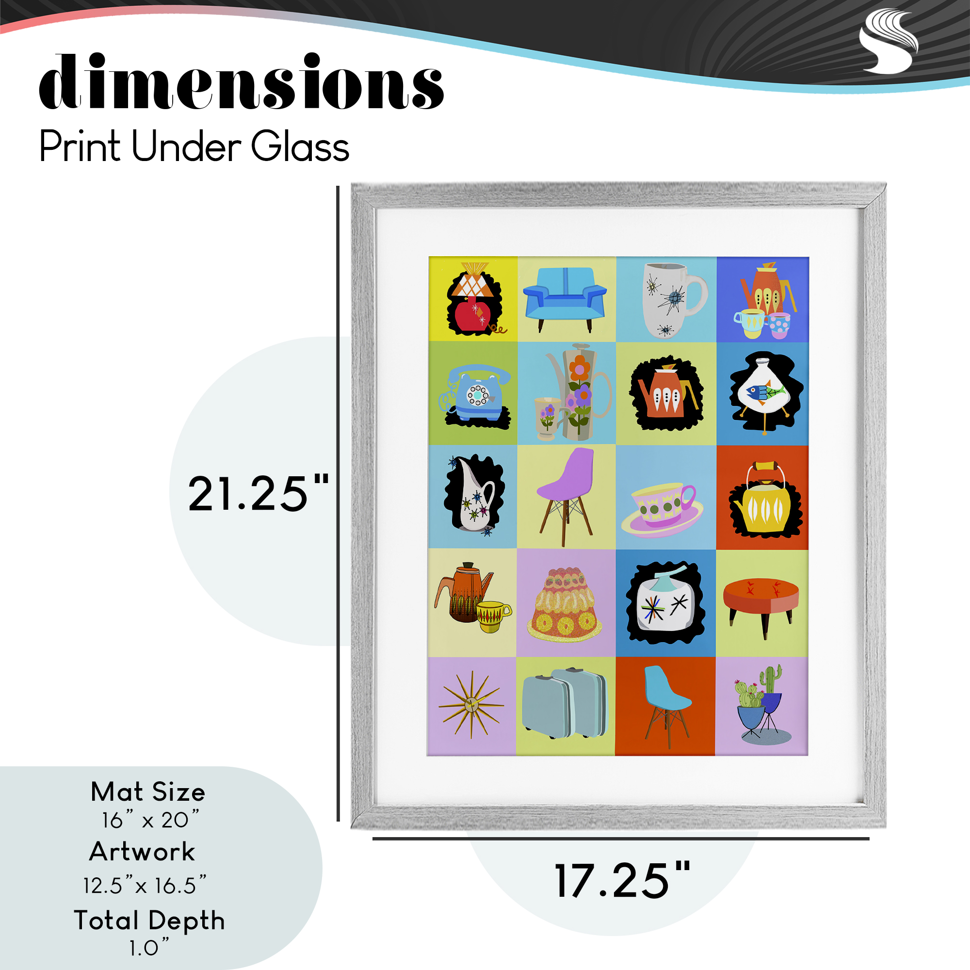 Retro Vintage Vignettes Gray Framed Print Under Glass, design by Lynnda Rakos