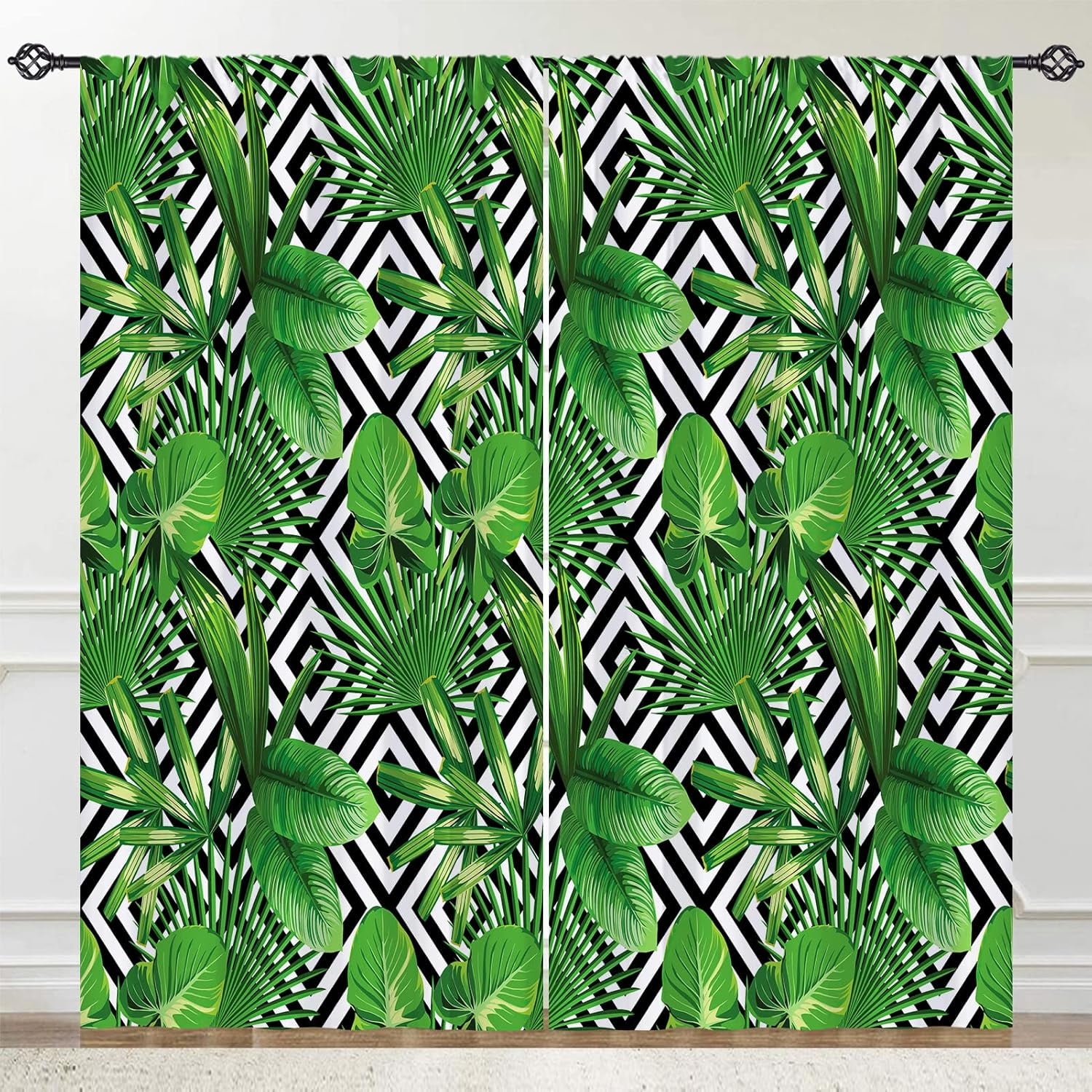 Green Leaf Curtains Rod Pocket Blackout Room Darkening Curtains with Banana Palm Leaf Black Lattice Print Pattern Tropical Theme Window Drapes for Bedroom Living Room, 2 Panels, 52 x 84 Inch