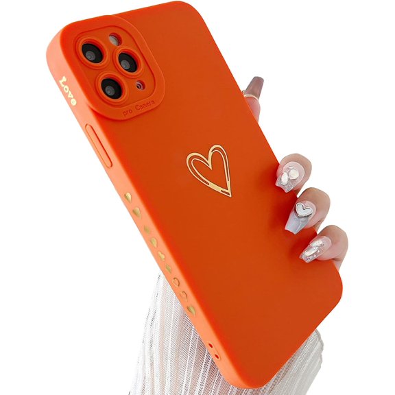 for iPhone 11 Pro Max Case(6.5" 2019),Side&Back Cute Plated Love Heart with Anti-Fall Lens Cameras Cover Protection Soft TPU Shockproof Anti-Fingerprint Phone Cases for Women Girls Men,Orange