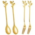 thumbnail image 1 of Tableware Gold Leaf Coffee Spoon Fork,4 Pack(2 Spoons 2 Forks) Little Demitasse Espresso Spoon and Appetizer Dessert Forks Set,4.7 Inches Tea Spoon Set,2 * forks 2 * spoons,gold, 1 of 8
