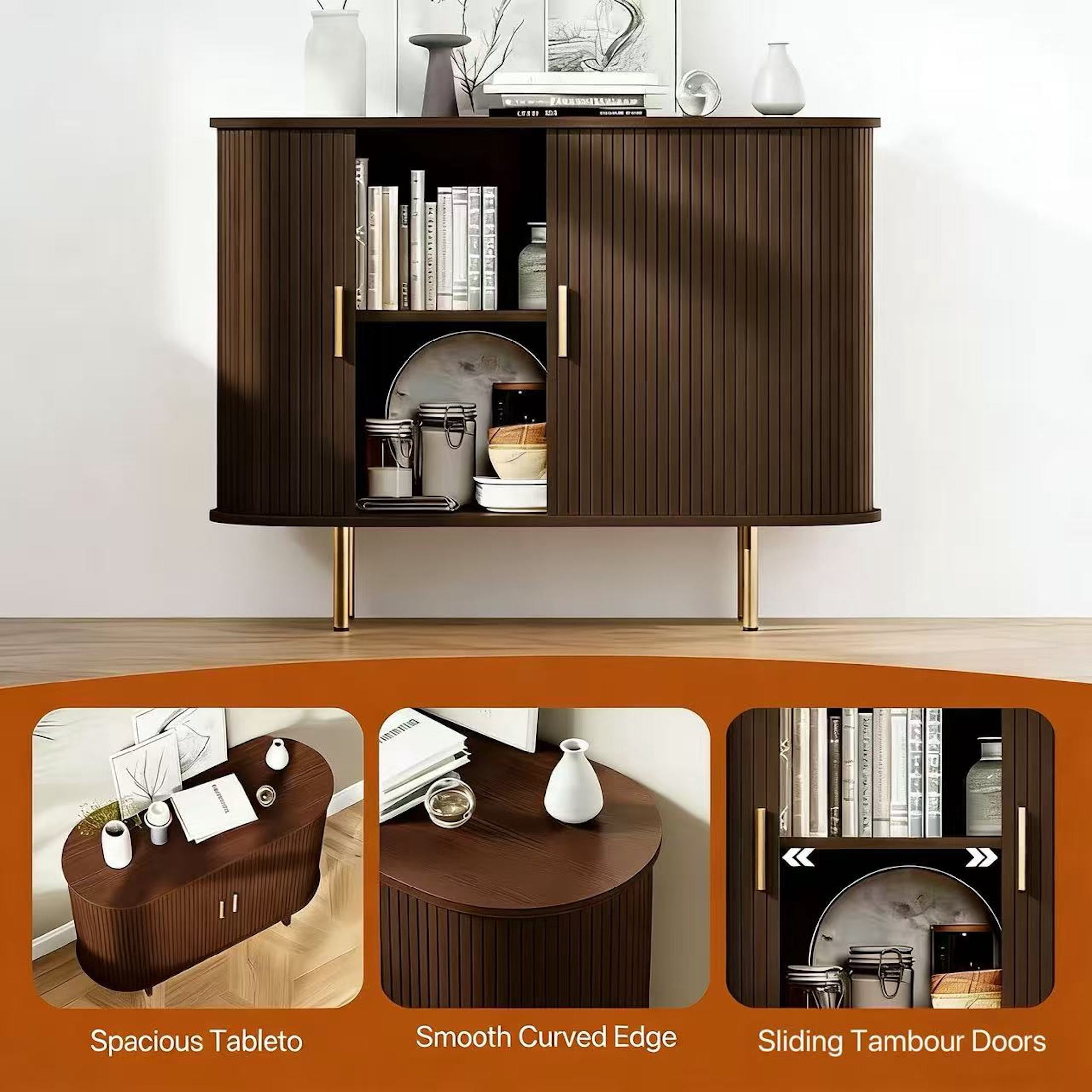 Aisword Sideboard Buffet Cabinet with Storage,Mid Century Modern Fluted Accent Coffee Bar Console Table,Tambour Sliding Doors& Adjustable Shelf for Kitchen, Living Room, Entryway, 40 Inch Dark Walnut