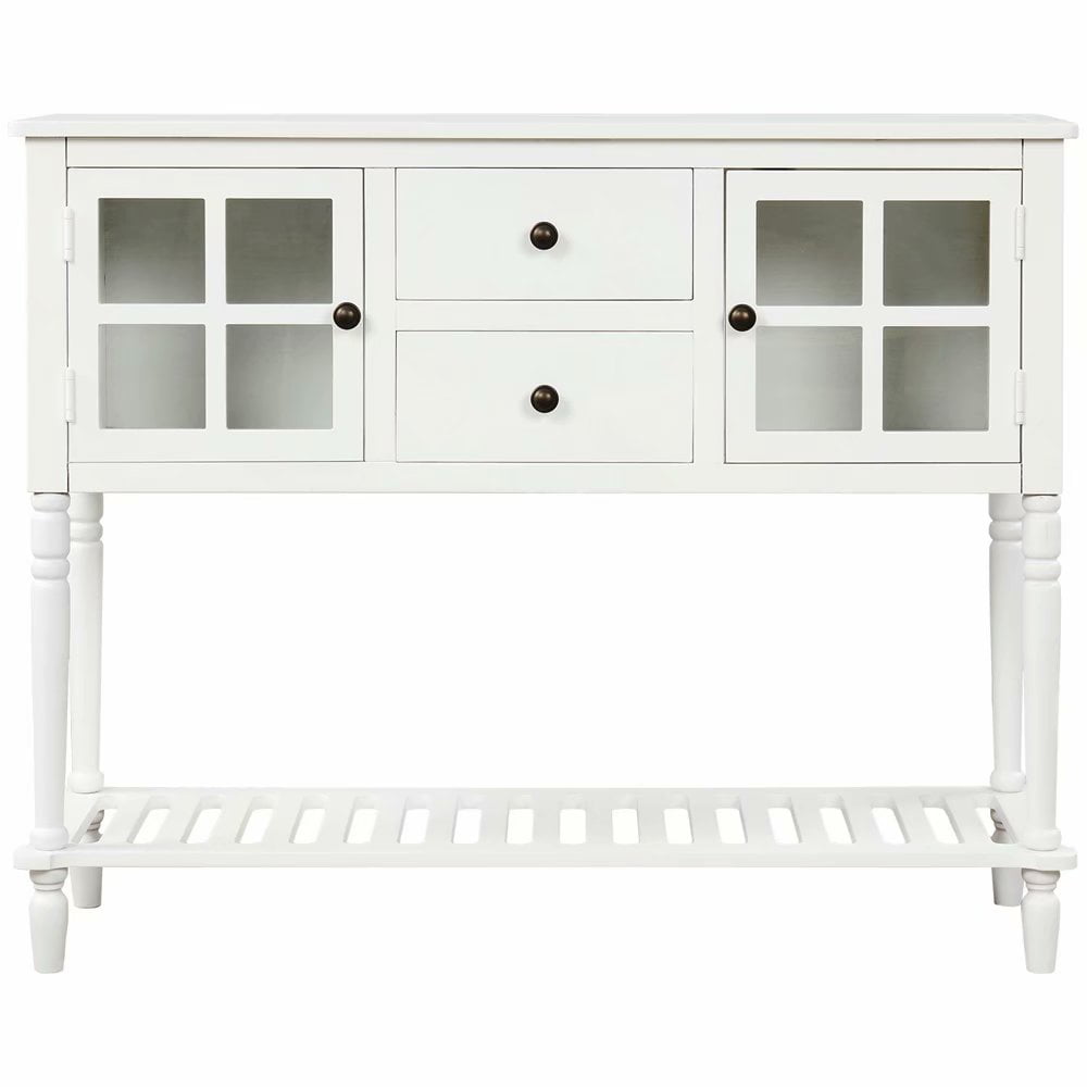VIK Retro Sideboard for Kitchen, Console Table with Bottom Shelf, Farmhouse Wood/Glass Buffet Storage Cabinet for Living Room, Dining Room, White