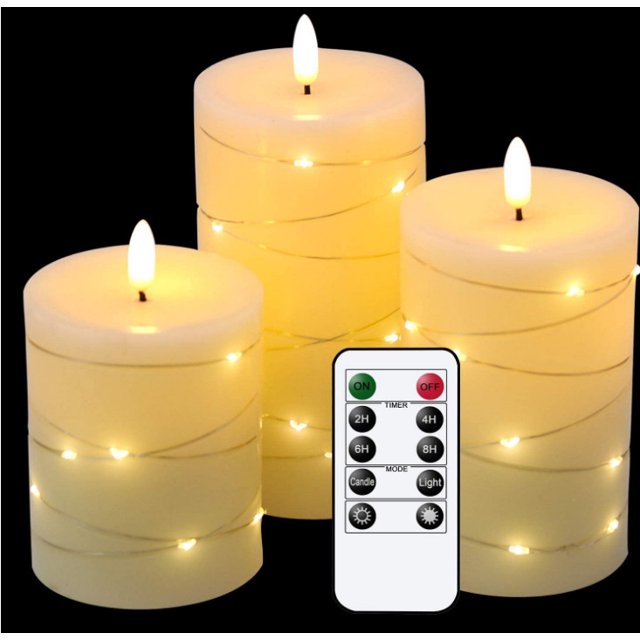 Velas LED Ángulo de visión de 360 grados, cadena de luces estrelladas, paquete de 3 velas LED, con control remoto de 10 teclas, función de temporizador de 24 horas, llama danzante JAMW Sencillez