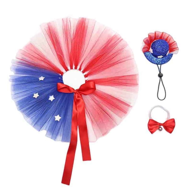 3 piezas Disfraz patriótico para mascotas, gorro ajustable para perro, bandanas, falda de tutú de malla, bufanda para cachorro, collar para gato, gorras del Día de la Independencia, vestido