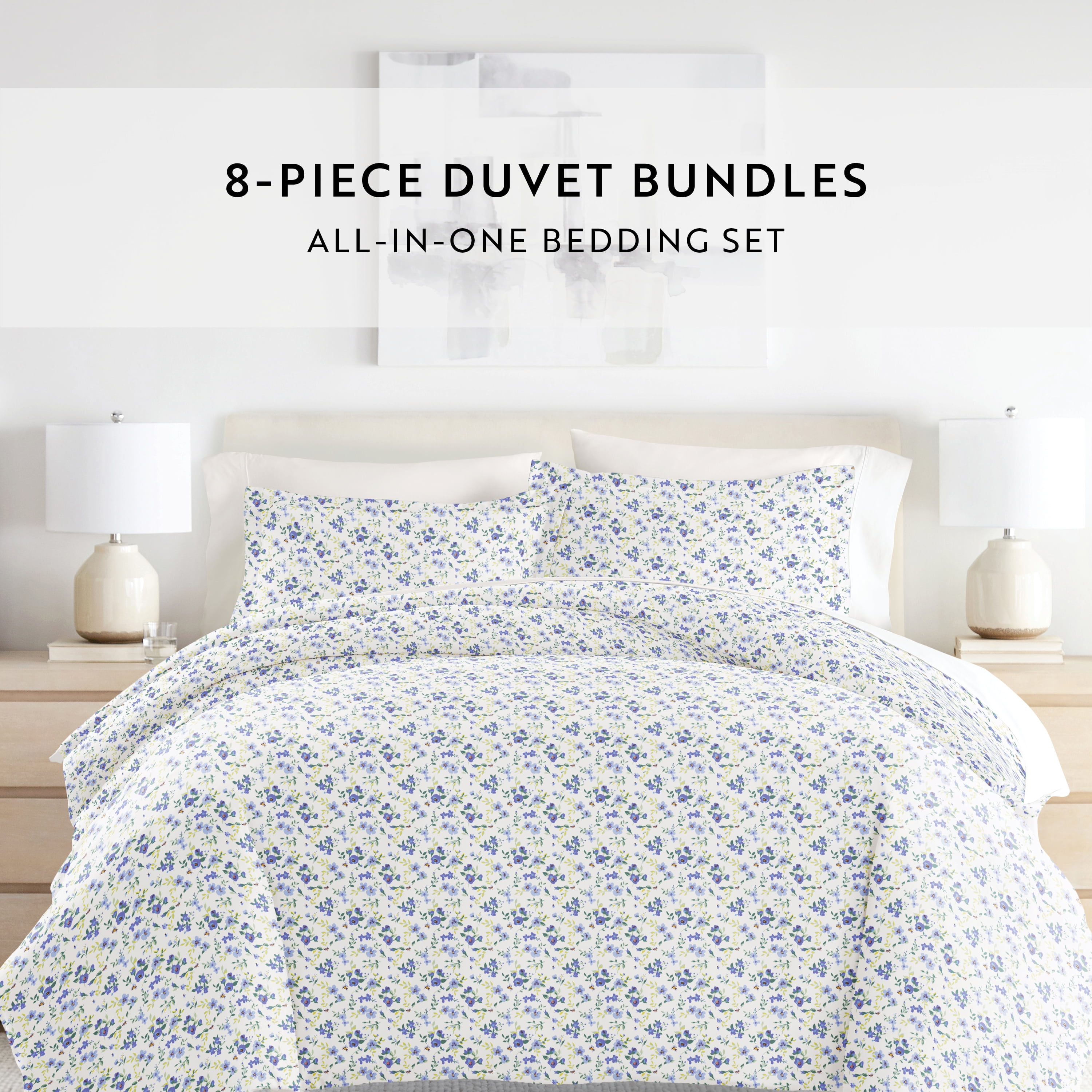 8PC Bedding Bundle - Patterned Duvet Cover Set White Comforter and Solid Sheet Set in Blossoms