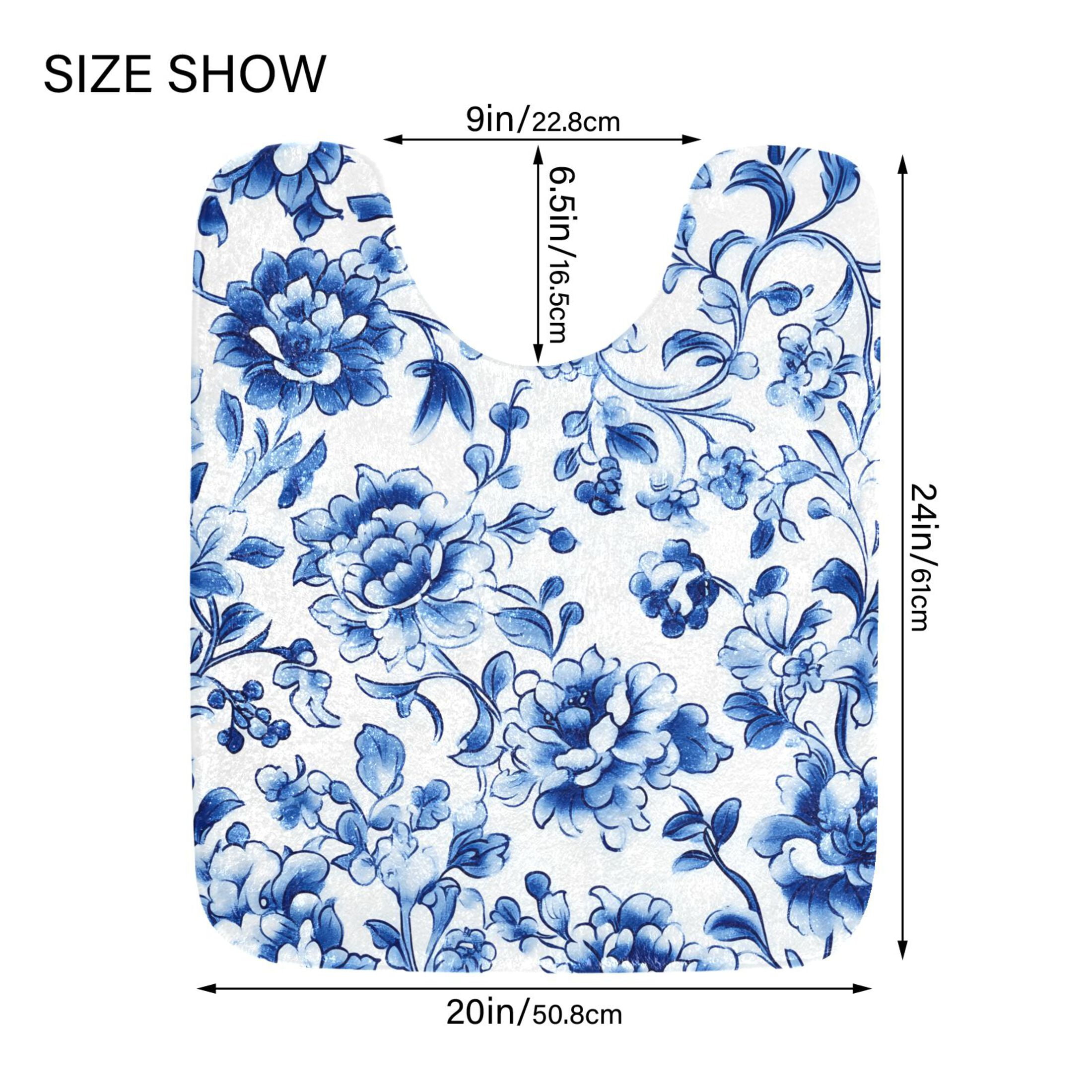 Toilet Rug Set Non-Slip Bathroom Rugs Soft Plush Machine Washable Contour Bath Mat Blue and White Porcelain Floral 24x20/24x16