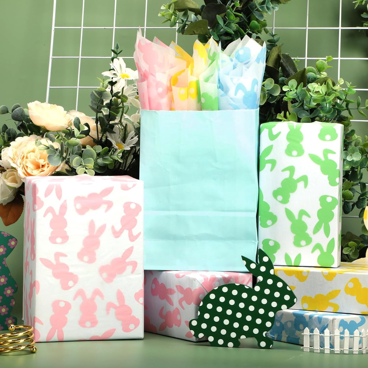 Pastel Bunny Pattern Tissue Paper, Colorful Rabbit Patterns Gift Wrapping Tissue Bunny Art Tissue Paper for Spring Easter Birthday Party Gift Bags