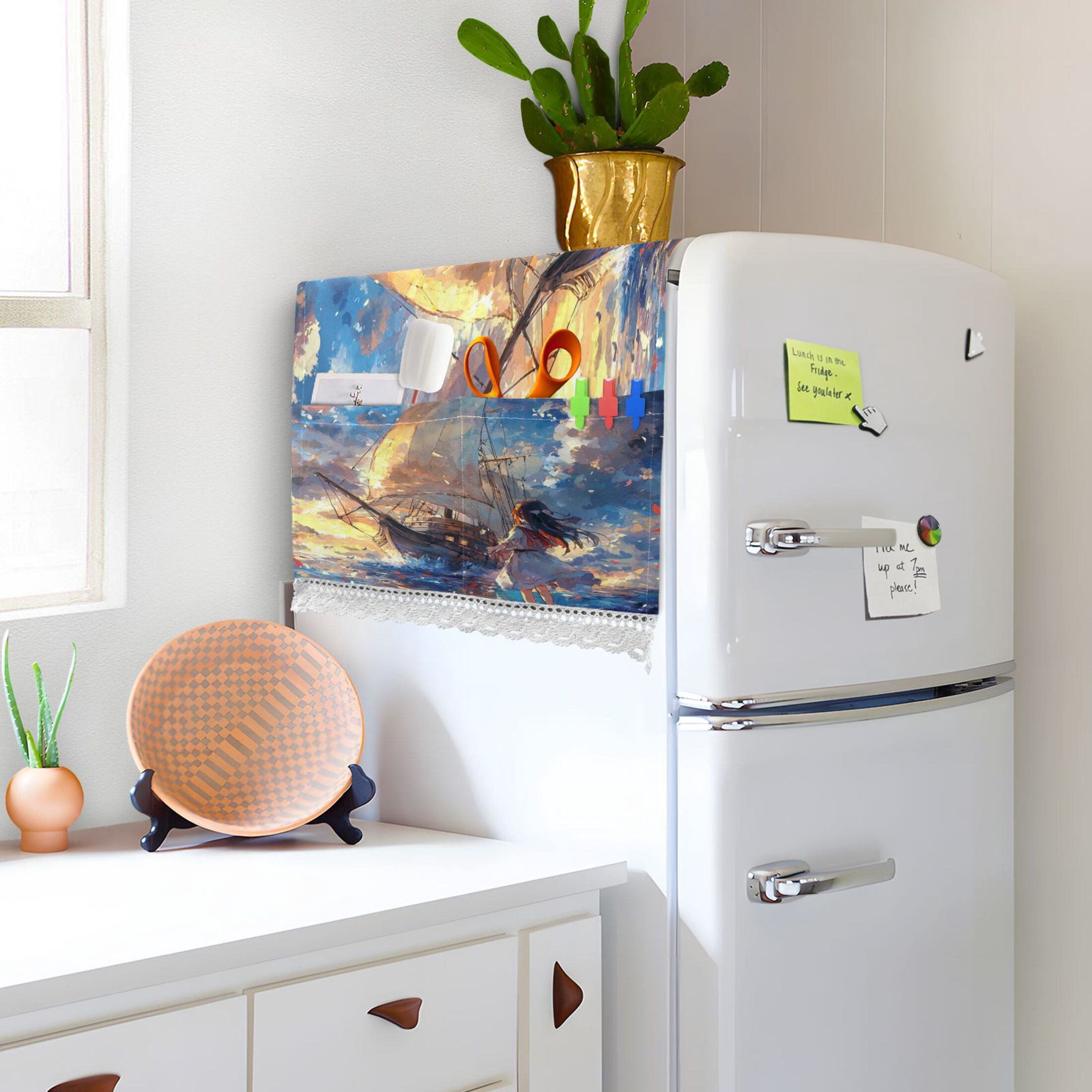 A Girl and SaiboatWasher and Dryer Covers Dust-Proof and Oil Resistant Fridge Cover with 4 Storage Pockets Washing Machine Top Cover for Laundry Kitchen Home 51.2 x 22 In