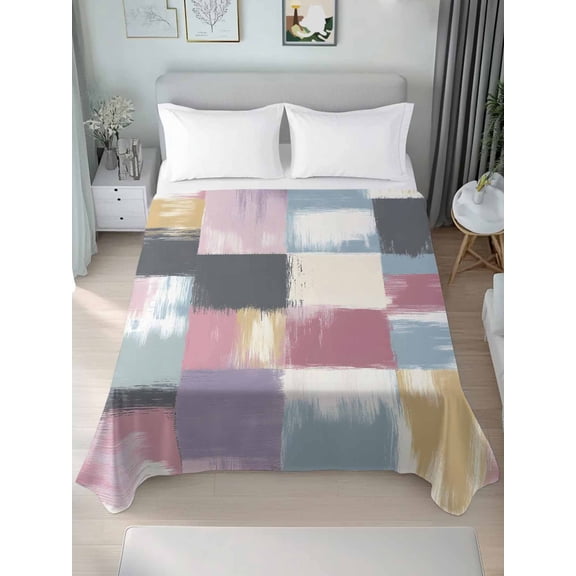 Abstract Colorful King Size Flat Sheet, Wrinkleproof & Fadeproof Cooling Flat Bed Sheet Only, Modern Geometric Grunge Art Ombre Breathable Soft Bedding Top Sheets 105 x 98 Inches